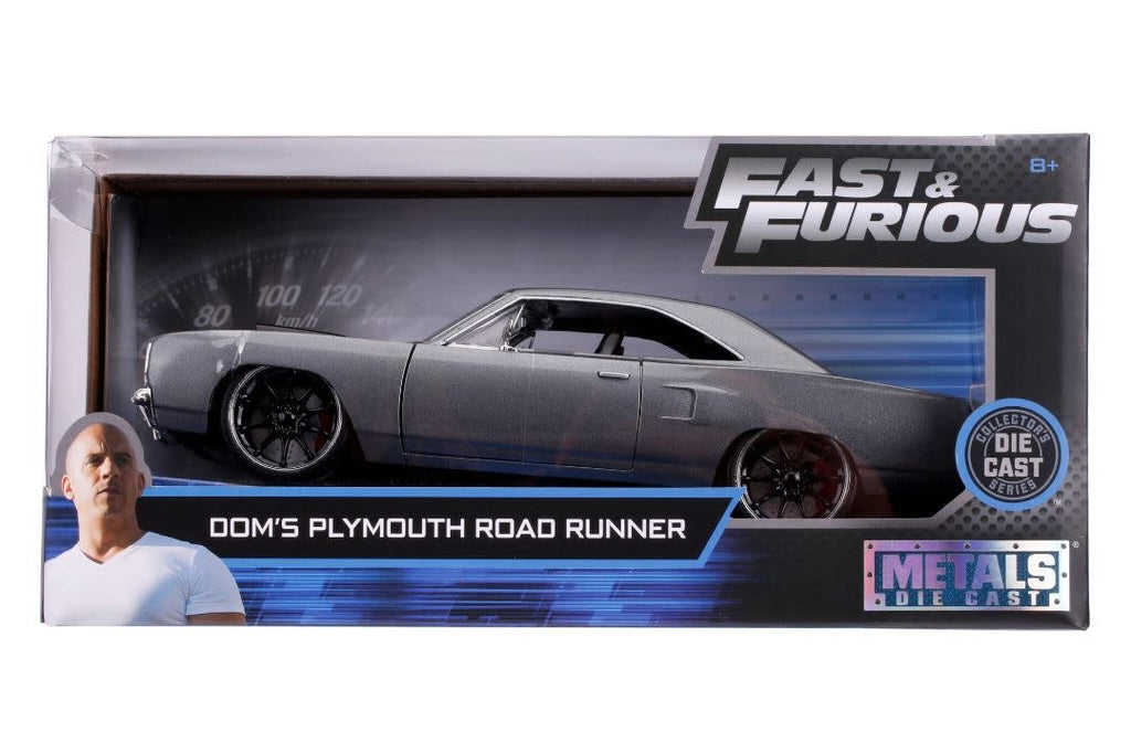 Jada 1:24 W/B - Metals - Fast & Furious - Dom's 1970 Plymouth Road Runner (Grey Metallic with Black Stripe on hood) 30745