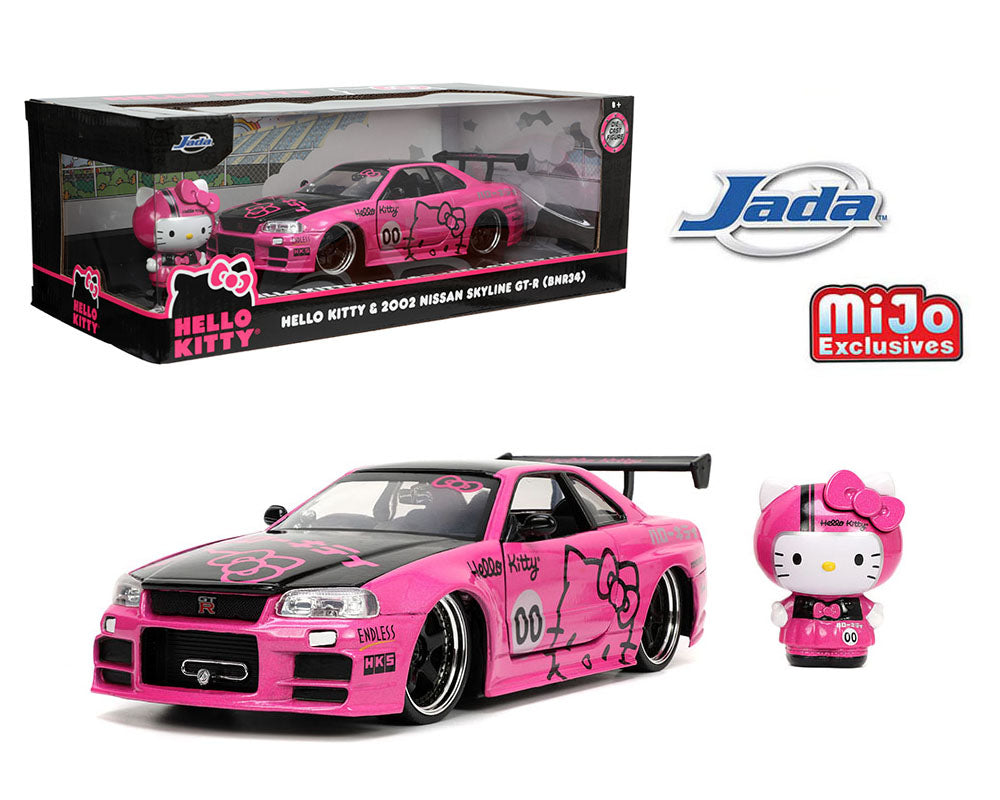 Jada 1:24 2002 Nissan Skyline GT-R ( BRN34) New Black Wheels With Hello Kitty Figure LTD – Hello Kitty – Hollywood Rides Mijo Exclusives 34092