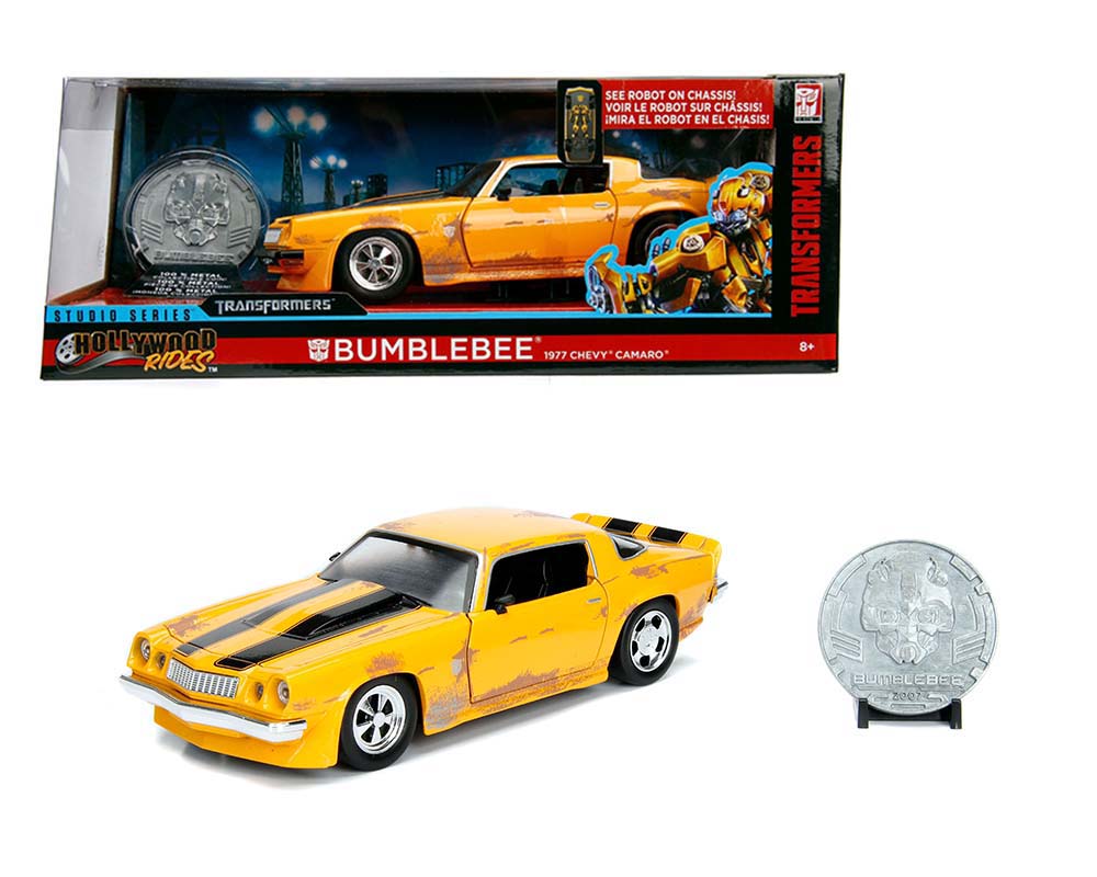 Jada 1:24 W/B Hollywood Rides Transformers Bumblebee 1977 Chevrolet Camaro (Weathered) with Collectible Coin 99307