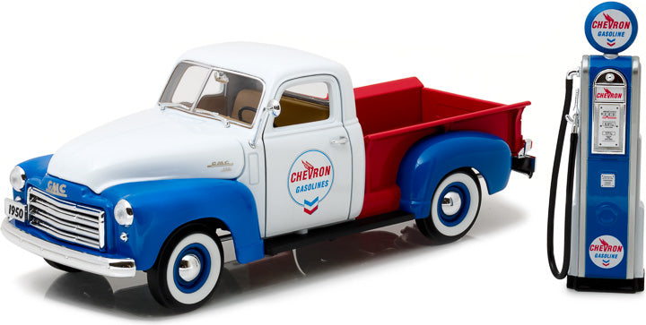 Greenlight 1/18 1950 GMC 150 Chevron w Vintage Chevron Gas Pump-autoworld-1